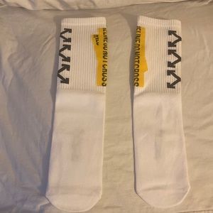 off-white socks. ‘Fire line do not cross’ one size fits all